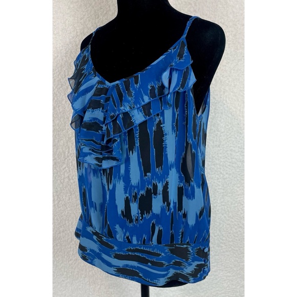 BCBGENERATION • Blue/Black Abstract Print Ruffle Trim V-Neck Tank Top - Picture 2 of 16